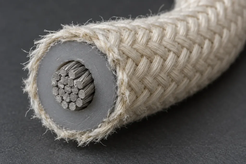 Macro of a Style 3172 cut end showing a thick silicone wall beneath a fibrous braid covering