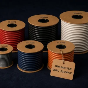 UL AWM Style 3239 high voltage DC wire, up to 200°C, up to 60000V DC, 24–10 AWG, multiple insulation colour spools