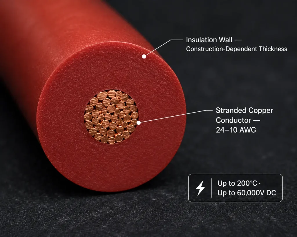 UL 3239 high voltage DC wire cross section showing thick insulation wall and stranded copper conductor, up to 200°C, up to 60000V DC