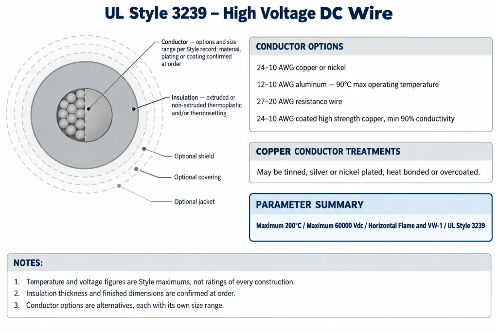 Technical cross-section of UL Style 3239 showing conductor options and optional shield, covering and jacket