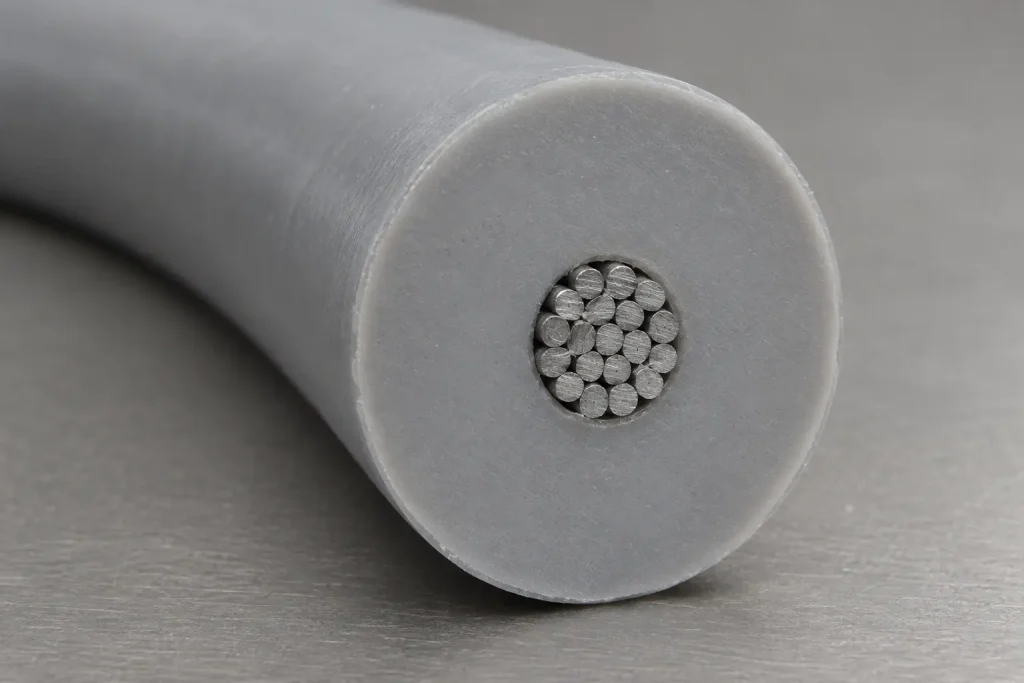 Macro of a Style 3239 cut end showing a thick insulation wall over a small conductor