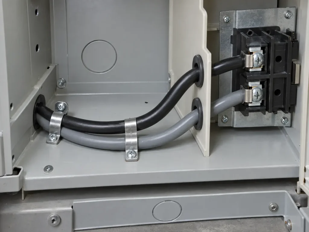UL Style 3266 10 AWG wire as an internal supply link landing on a terminal block