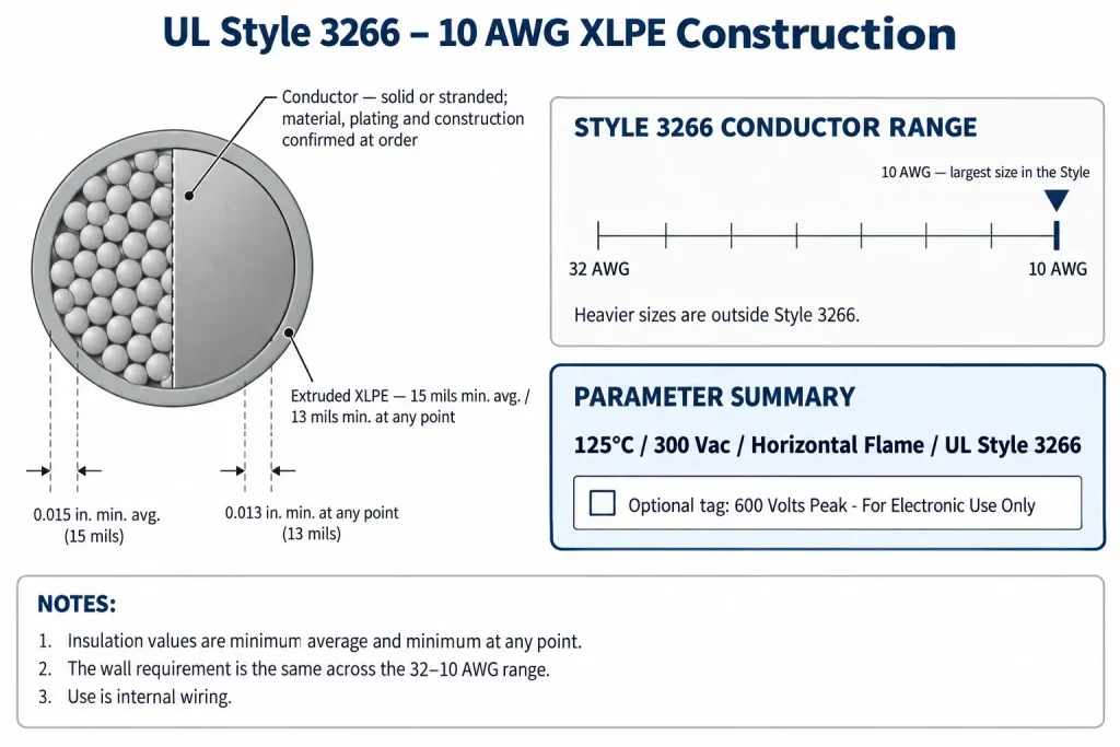 Technical cross-section of UL Style 3266 10 AWG showing the 15 mil average and 13 mil minimum XLPE wall at the top of the Style range