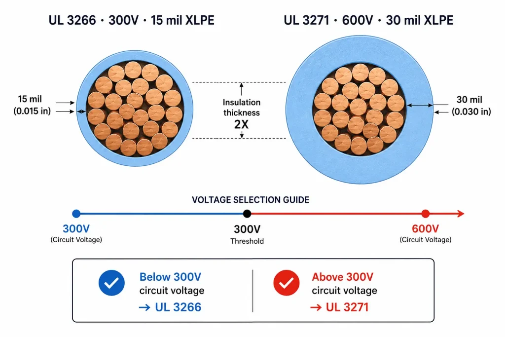 UL 3266 10 AWG 300V XLPE versus UL 3271 600V XLPE wire voltage class comparison for Germany UL 508A panel wiring selection