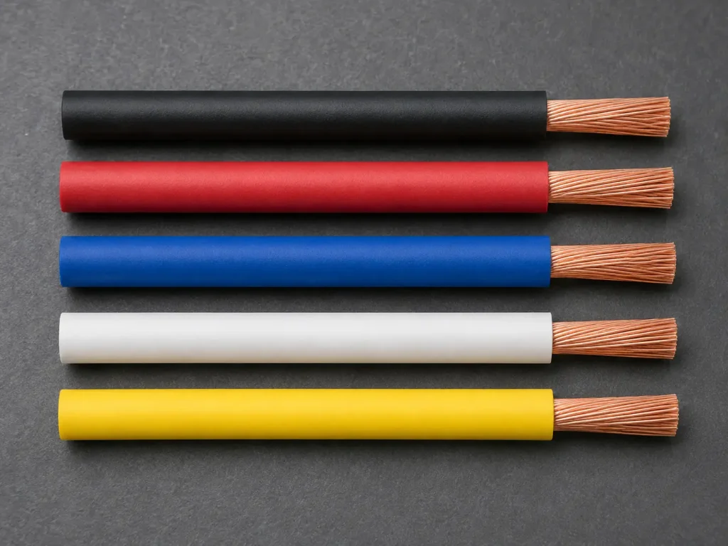 UL 3266 10 AWG XLPE wire colour options flat lay, 125°C, 300V AC, black red blue white yellow, Germany export