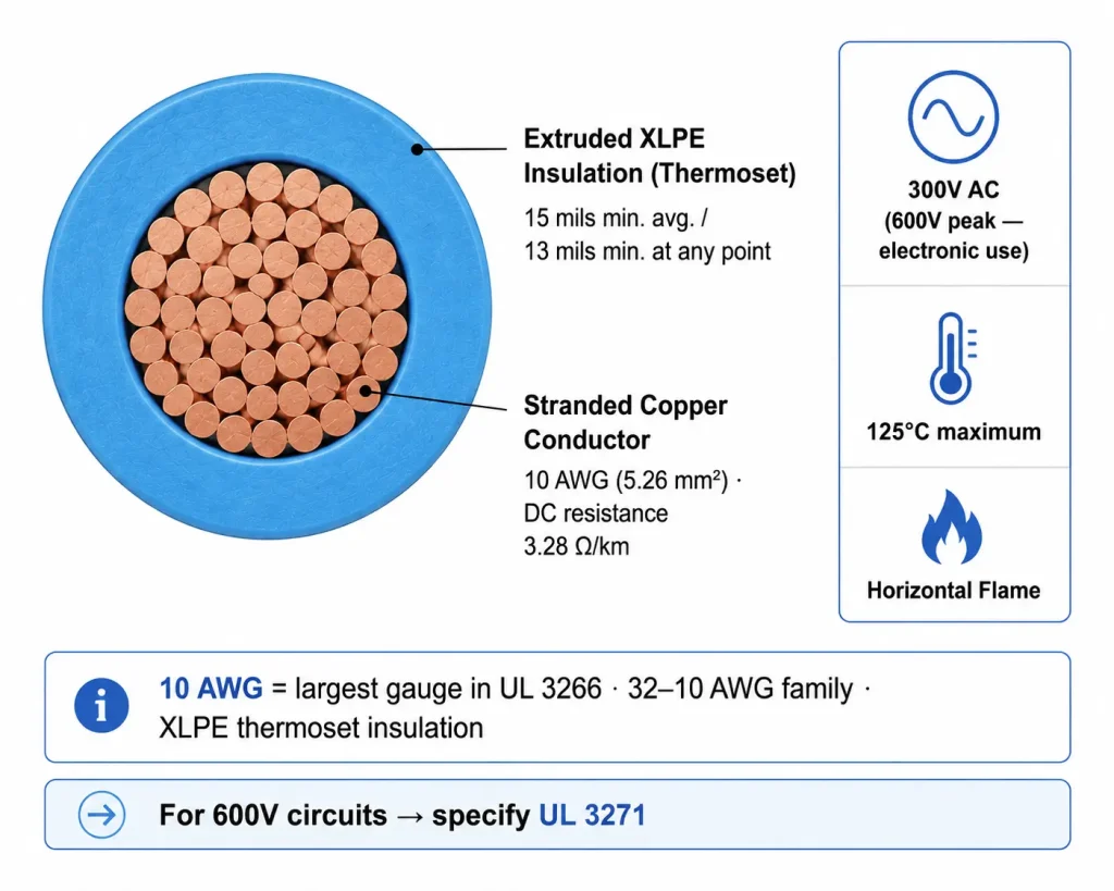 UL 3266 10 AWG XLPE wire cross section diagram showing 15 mil XLPE insulation, stranded copper conductor 5.26mm², 125°C, 300V AC, horizontal flame