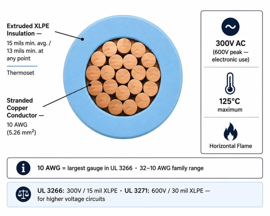 UL 3266 10 AWG XLPE wire cross section diagram showing 15 mil XLPE insulation, stranded copper conductor 5.26mm², 125°C, 300V AC, horizontal flame