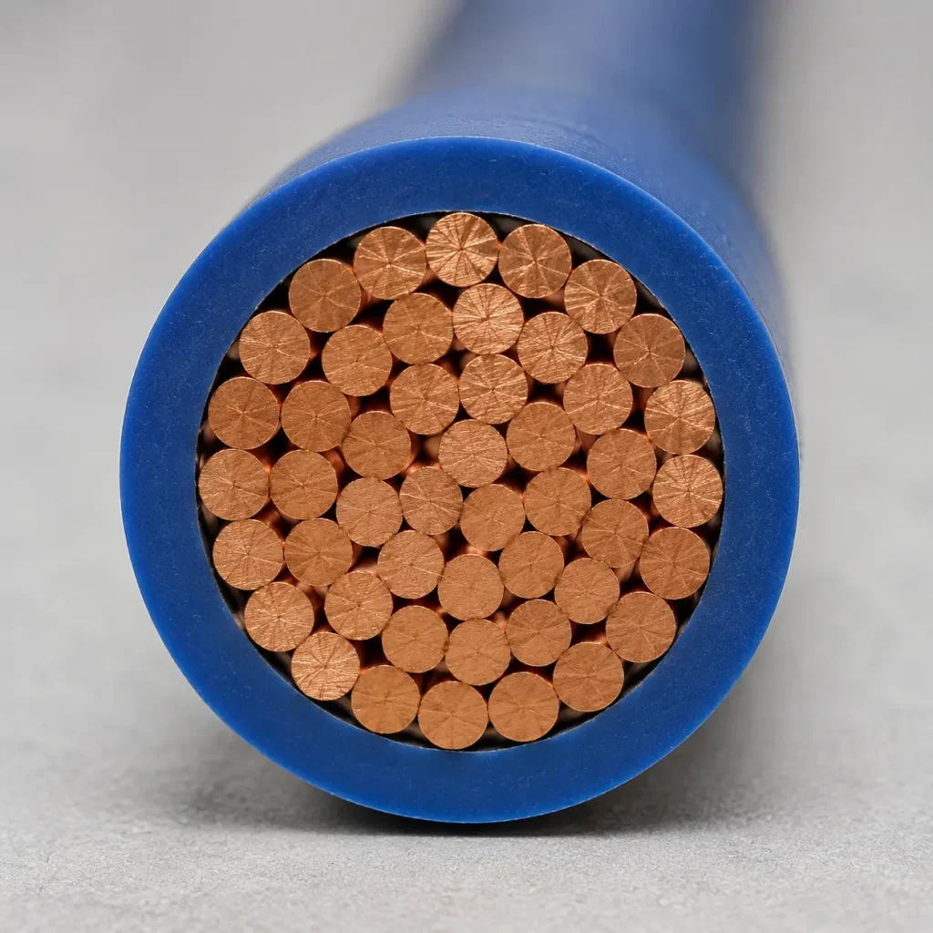 UL 3266 10 AWG XLPE wire cut end macro showing 15 mil XLPE insulation wall and stranded copper conductor 5.26mm² cross section