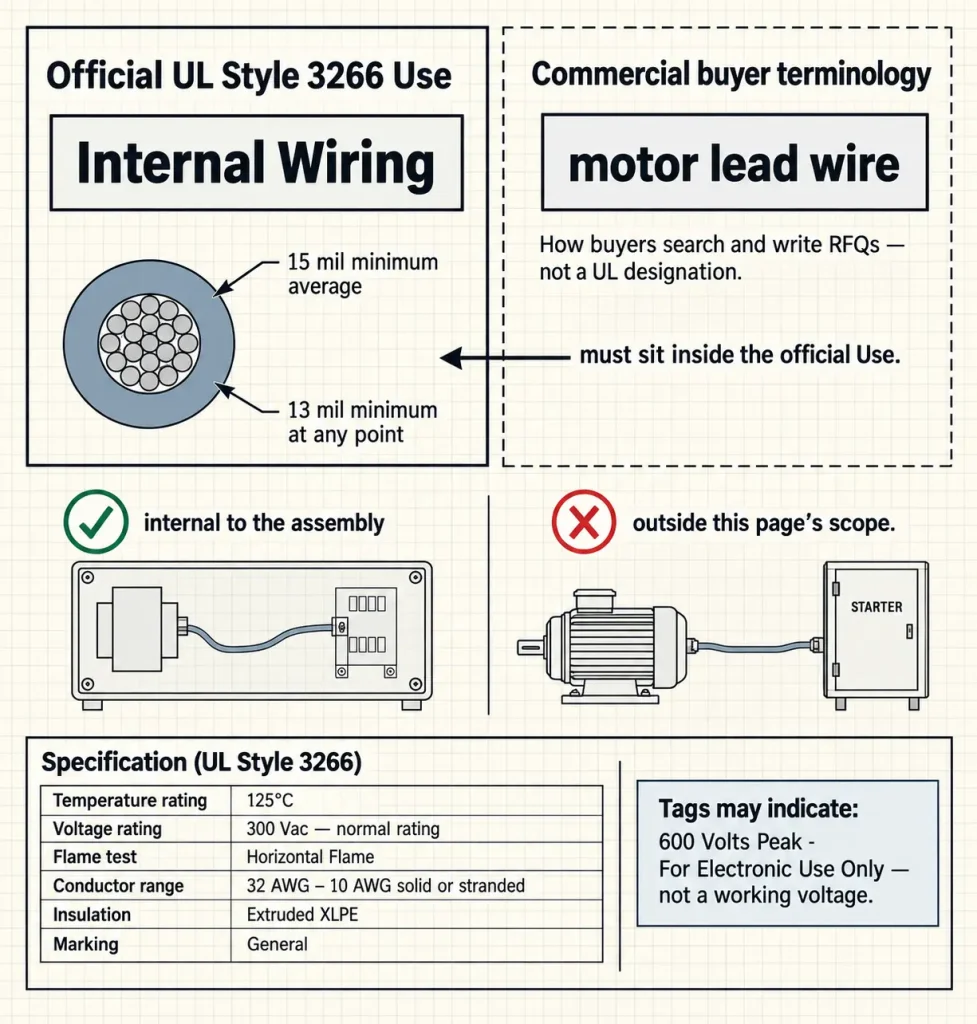 Diagram separating the official UL 3266 Internal Wiring Use from motor lead wire as commercial buyer terminology