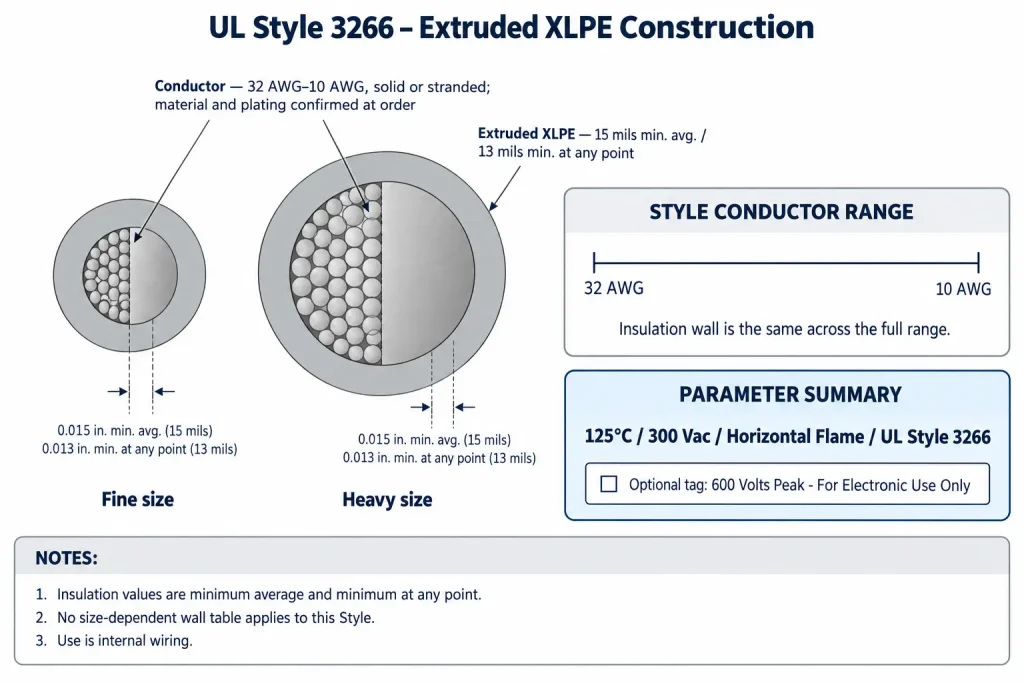 Technical cross-section of UL Style 3266 showing 15 mil average and 13 mil minimum XLPE insulation uniform across the range