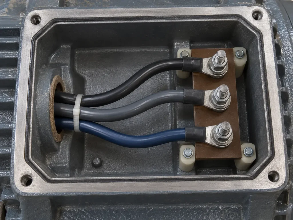 UL Style 3271 wire as a motor lead routed from the winding exit to an internal terminal box