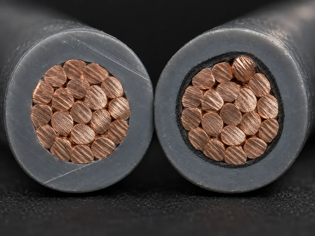 Macro comparison of UL 3271 wire with and without the optional semi-conductive polymeric layer over the conductor