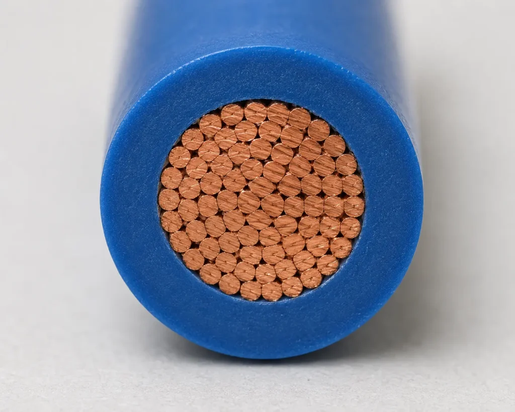 UL 3271 XLPE motor lead wire cut end macro showing 30 mil XLPE insulation wall and stranded copper conductor cross section