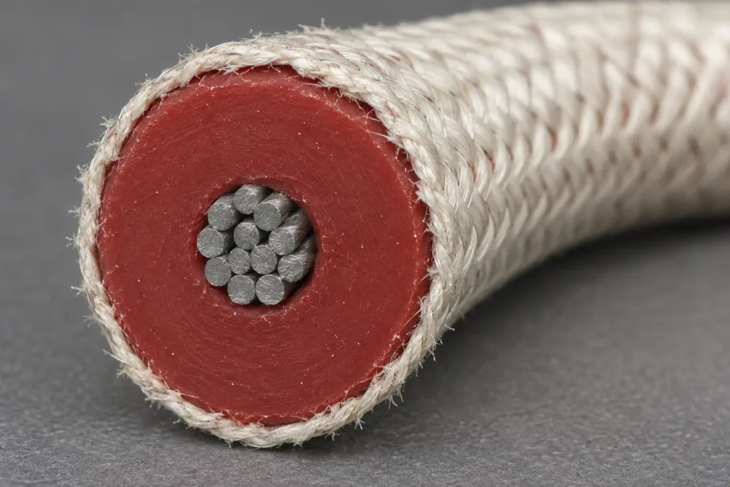 Macro of a Style 3304 cut end showing a thick silicone wall beneath a fiberglass braid