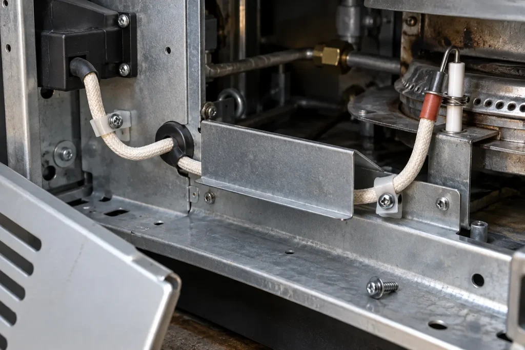 UL 3304 ignition lead routed inside appliance equipment with protection at the handling, installation and servicing access path