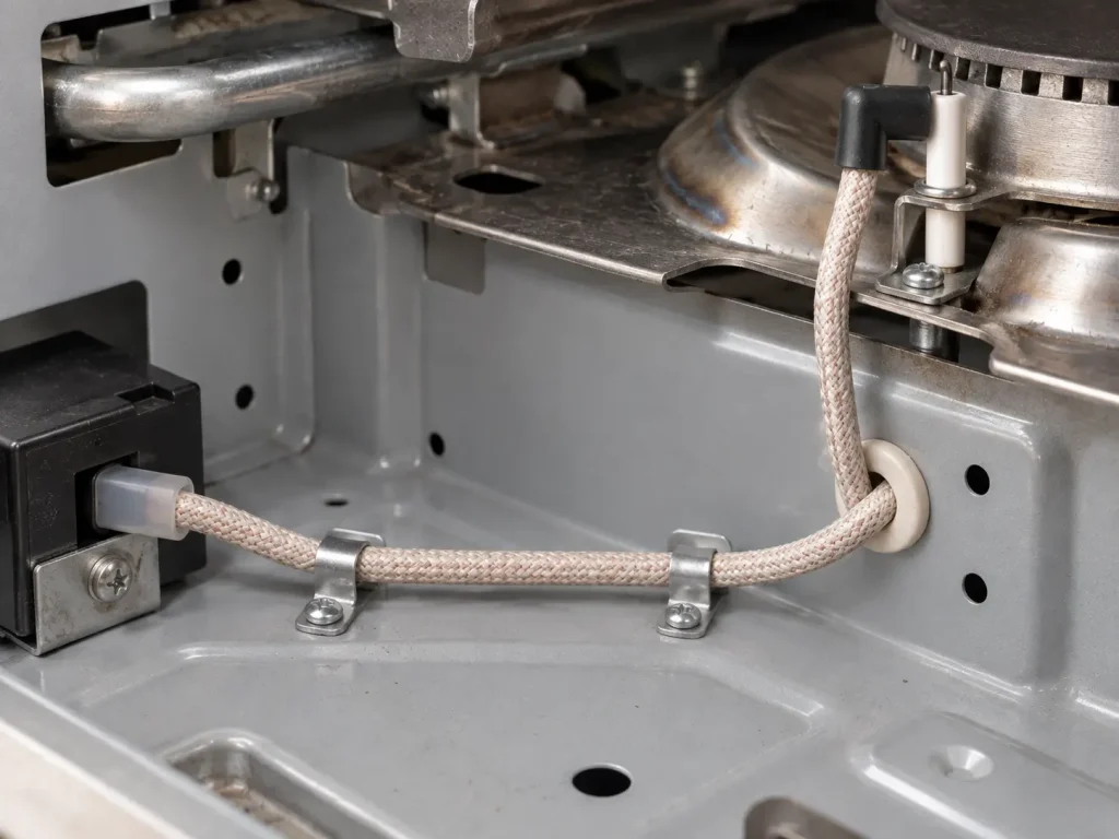 UL Style 3304 ignition wire routed inside a gas range to an ignition electrode connection