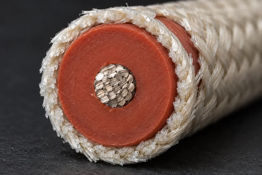 Macro view of a UL 3304 ignition wire cut end showing the silicone insulation wall beneath the fiberglass braid