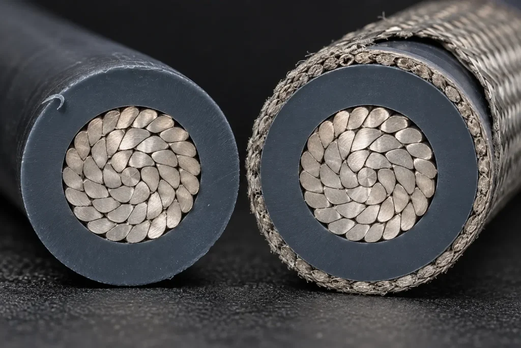 Macro comparison of 4/0 AWG UL 3321 wire with plain XLPE insulation and with the optional braid covering