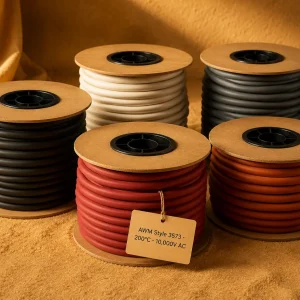 UL AWM Style 3573 silicone rubber ignition wire, 200°C, 10000V AC, 22–12 AWG, three-layer construction, multiple colour spools