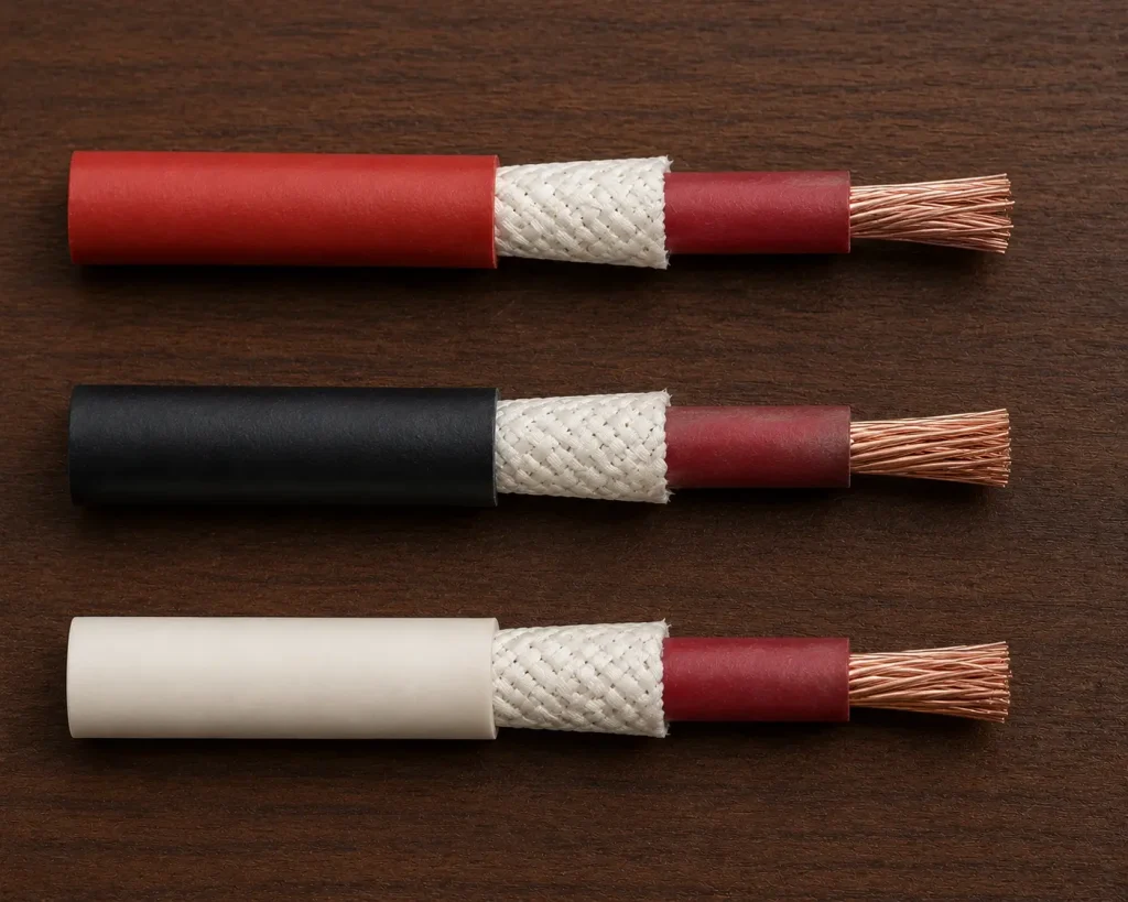 UL 3573 silicone rubber ignition wire colour options: red, black, white, 200°C, 10000V AC, 22–12 AWG