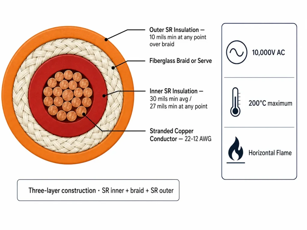 UL 3573 ignition wire cross section diagram showing SR 30 mil inner insulation, fiberglass braid, SR 10 mil outer layer, 200°C 10000V AC