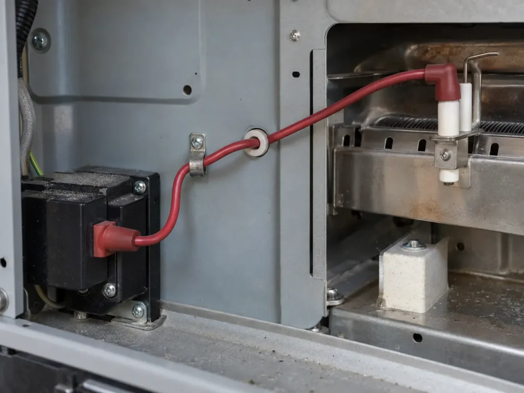UL Style 3573 ignition wire routed inside a gas burner assembly to an ignition electrode connection