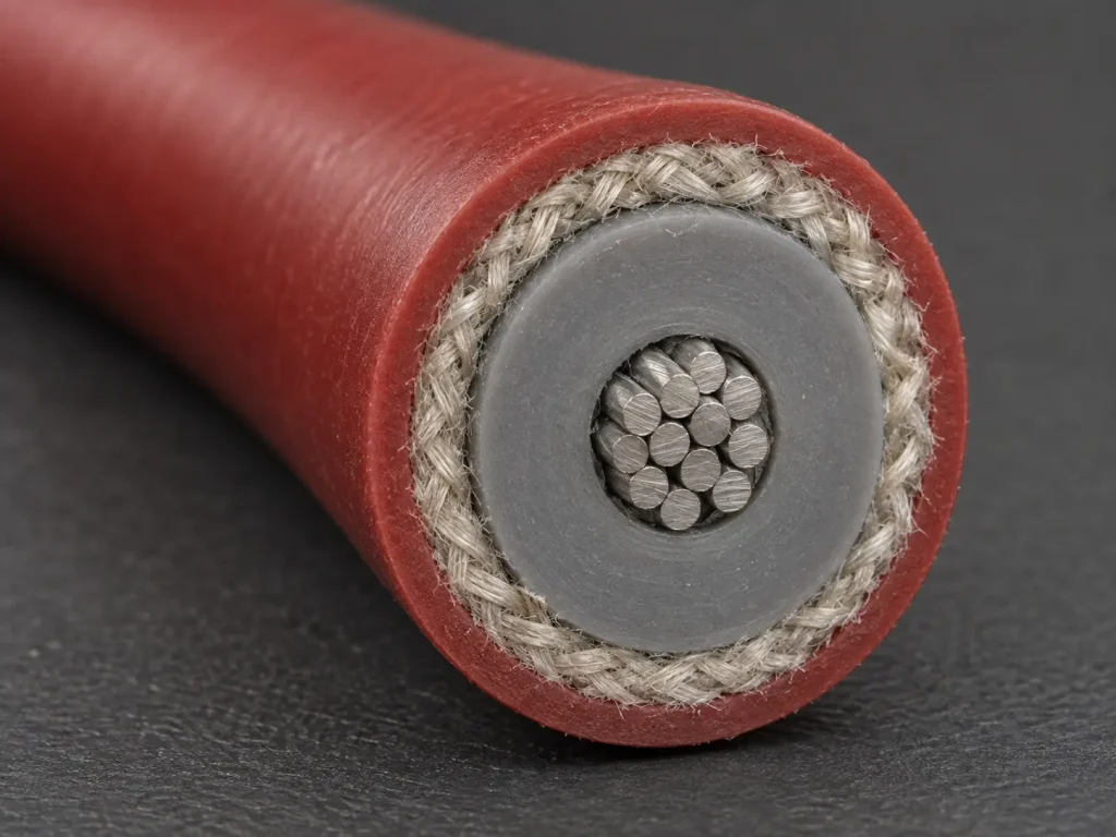 Macro of a Style 3573 cut end showing the three-layer build around the conductor