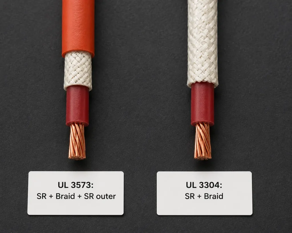 UL 3573 three-layer silicone fiberglass braid ignition wire versus UL 3304 two-layer construction comparison, 200°C 10000V AC