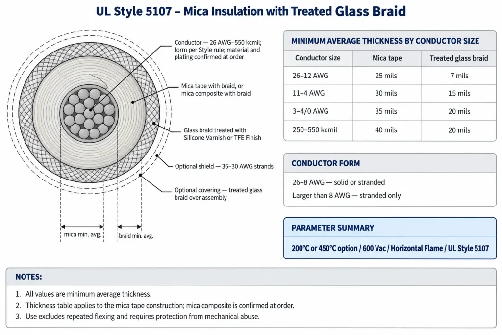 Technical cross-section of UL Style 5107 showing mica and treated glass braid minimum average thickness across four conductor size groups
