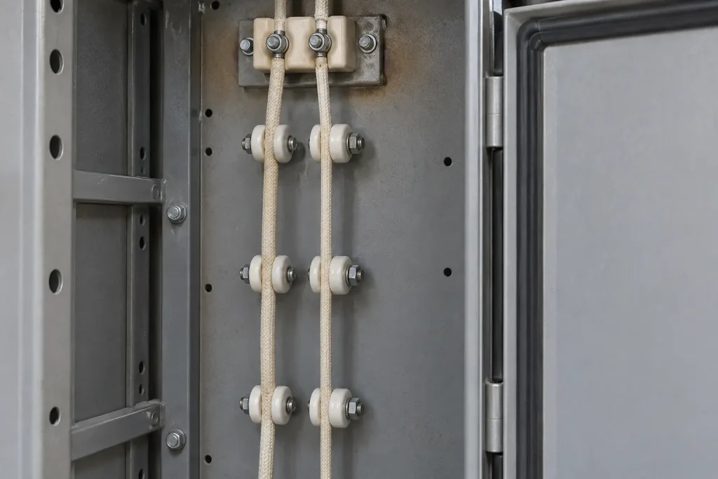 UL Style 5107 wire secured on ceramic standoff insulators inside a closed equipment enclosure