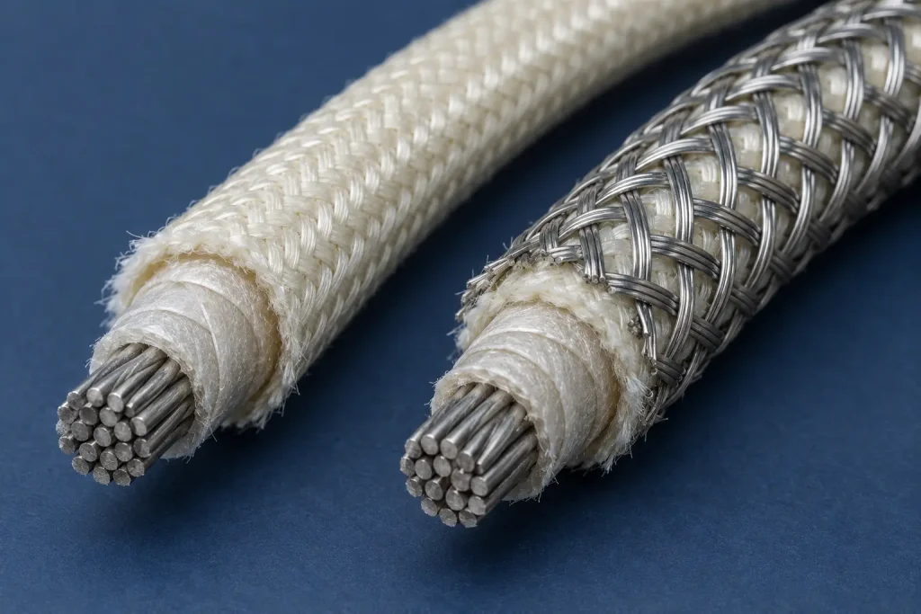 Macro of Style 5128 showing an optional stainless steel braid over the treated glass braid