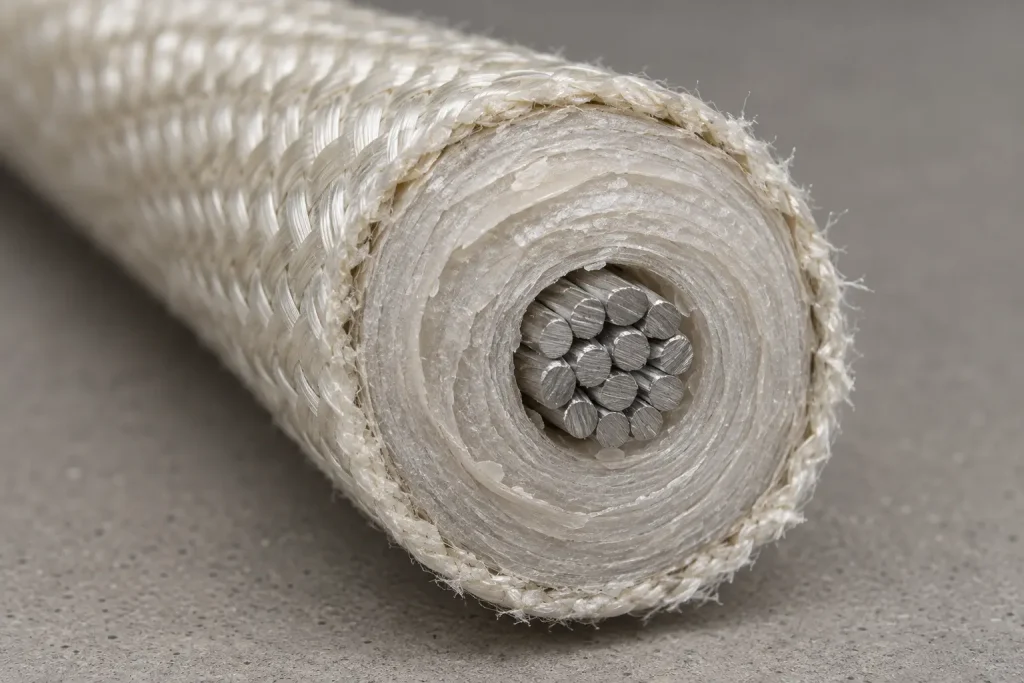 Macro of a Style 5335 cut face showing a thick mica build under a comparatively thin treated glass braid