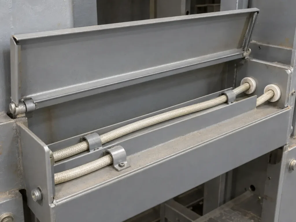 UL Style 5335 wire routed inside an enclosed metal wiring trough for protected internal wiring
