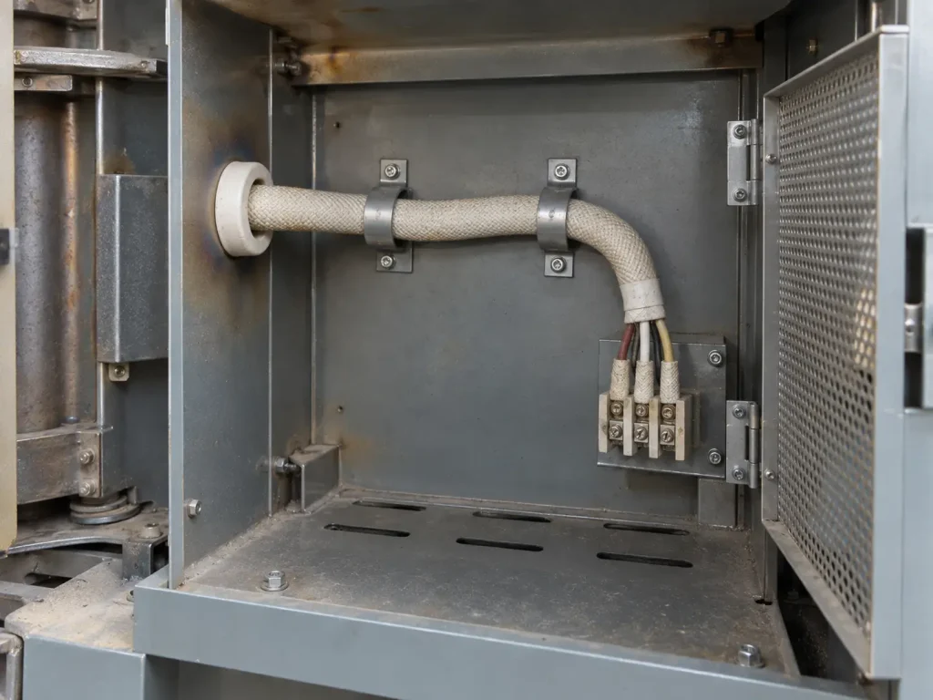 UL Style 5359 cabled assembly in protected static routing through a single bushing inside heating equipment