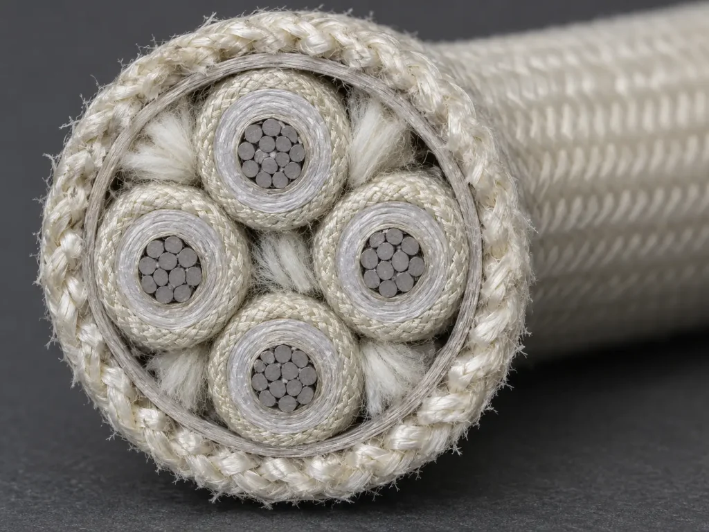 Macro of a Style 5359 assembly cut face showing individual mica and braid covered conductors with fillers