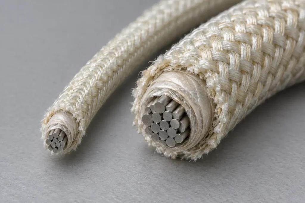 Macro of Style 5360 cut ends from two size groups showing different mica tape and braid builds