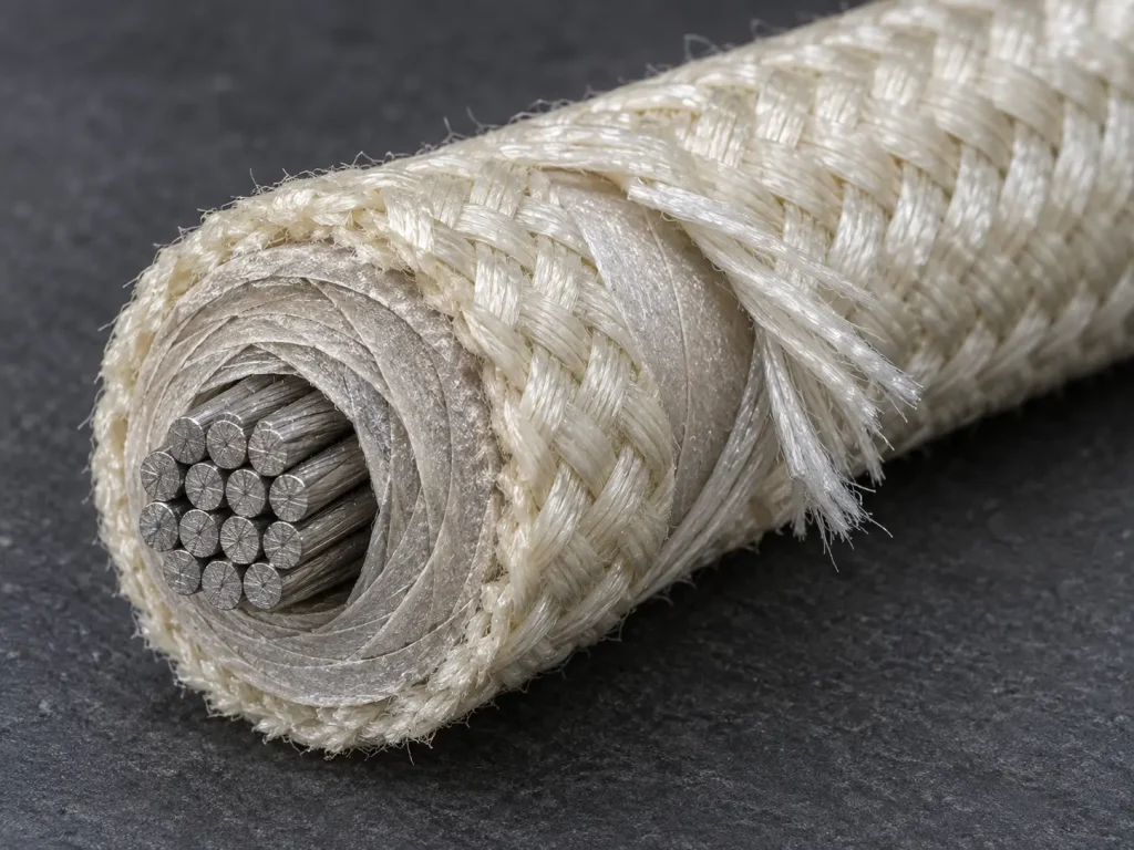 Macro of Style 5476 cut end showing conductor, mica tape layers and treated glass braid