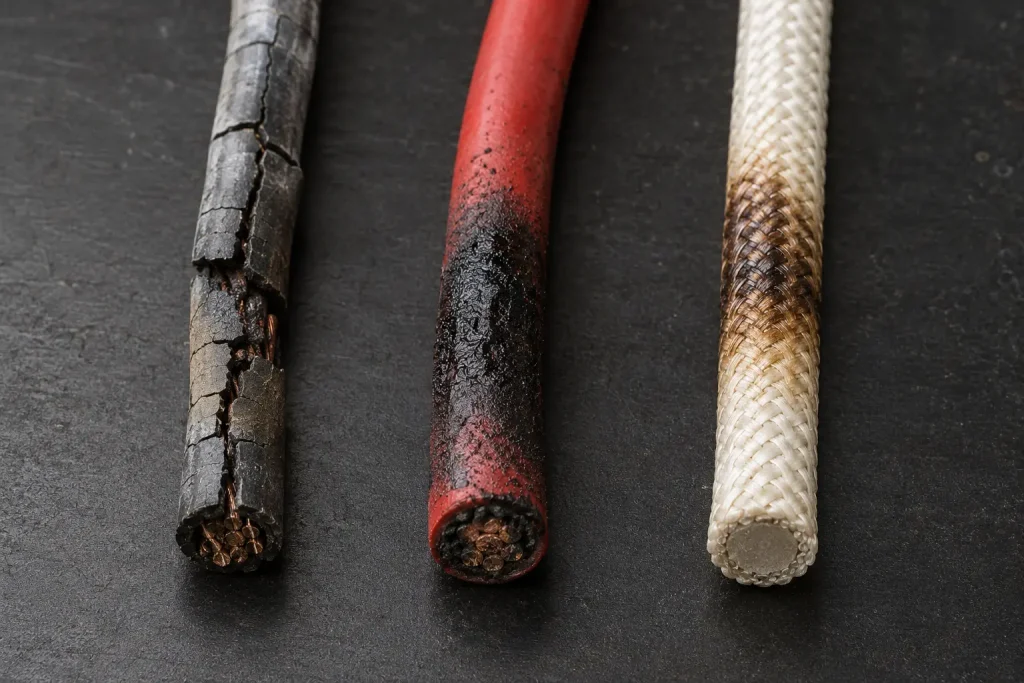 Oven wire failure modes PVC cracked silicone charred mica intact comparison