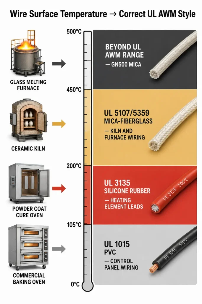 Industrial oven wire temperature selection guide UL AWM 1015 3135 5107 5359 infographic