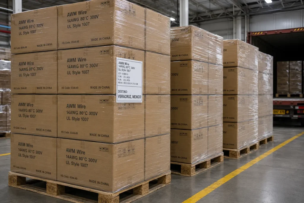 UL 1007 14 AWG wire export cartons pallet shipping Veracruz Mexico