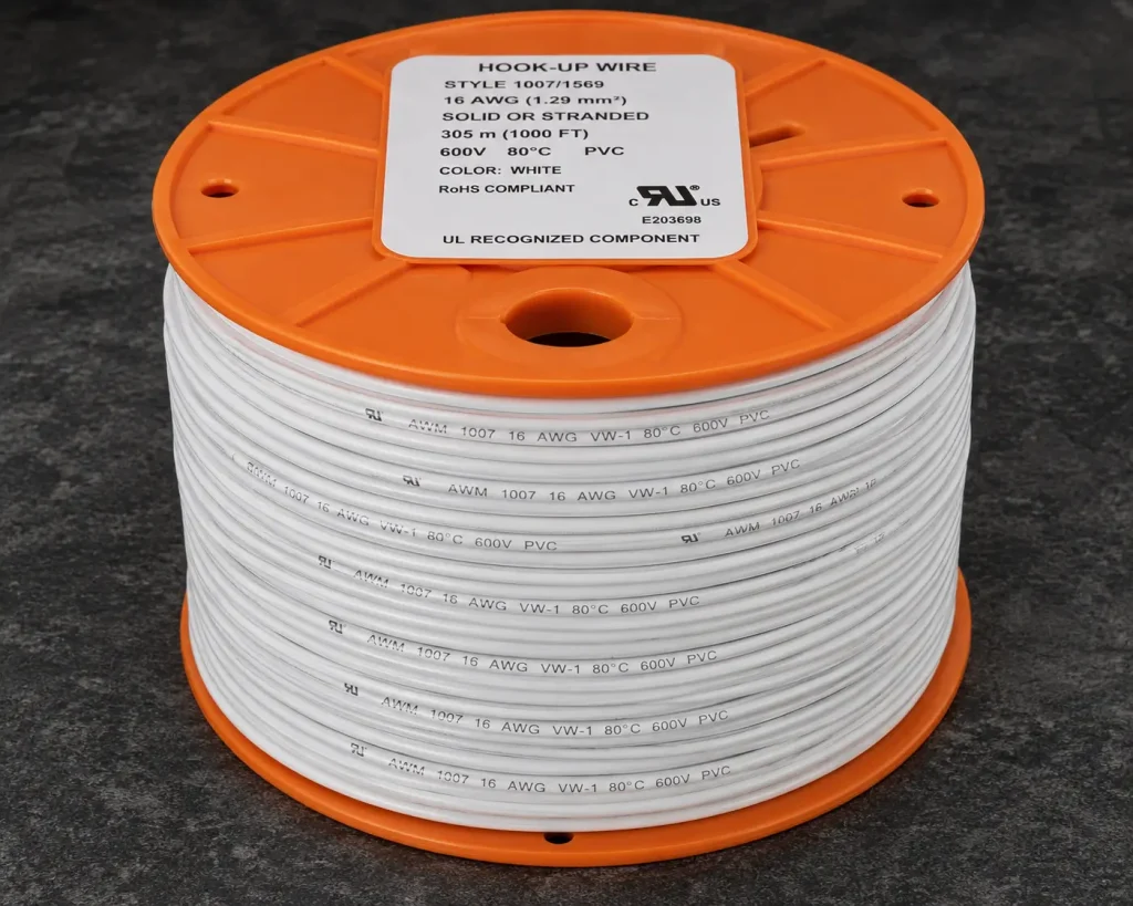 UL 1007 16 AWG 80C 300V white PVC hook-up wire reel Mexico appliance wiring