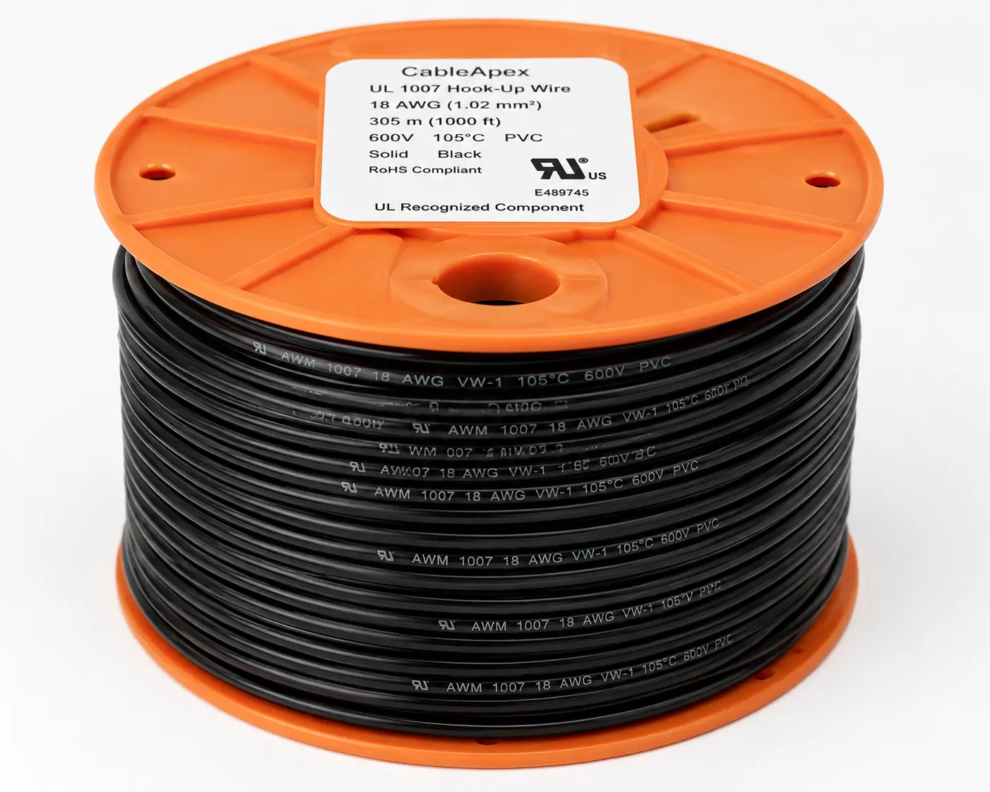 UL 1007 18 AWG 80C 300V black PVC hook-up wire reel Mexico appliance supplier