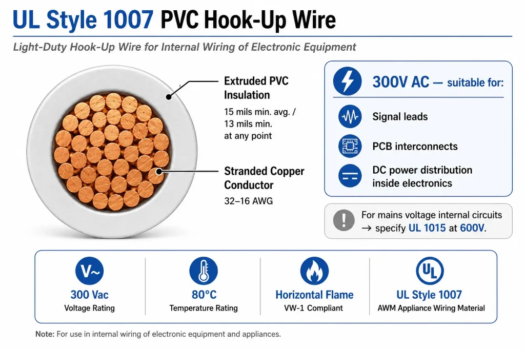 UL Style 1007 cross-section diagram 15 mil PVC insulation 300V 80°C hook-up wire