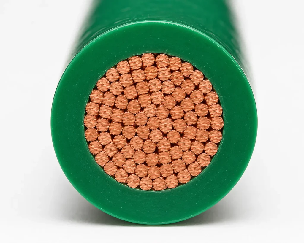 Macro cross-section UL 1015 12 AWG green PVC 30 mil insulation stranded copper