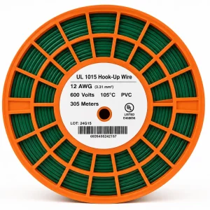 UL 1015 12 AWG 600V green PVC hook-up wire reel side view Mexico supplier