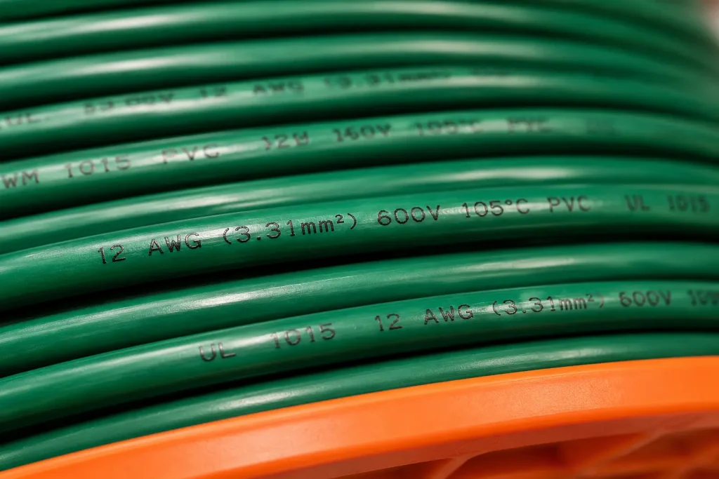 UL 1015 12 AWG green PVC hook-up wire surface texture marking detail close-up