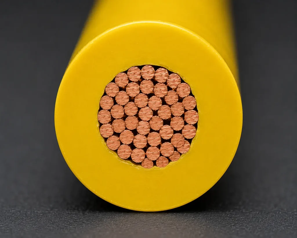 Macro cross-section UL 1015 14 AWG yellow PVC 30 mil insulation stranded copper