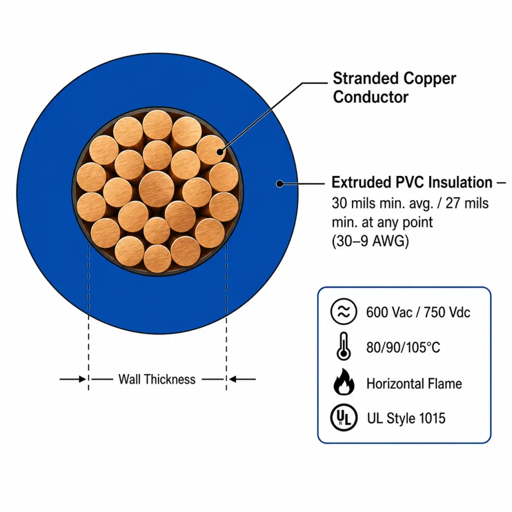 UL Style 1015 cross-section diagram 30 mil PVC insulation 600V 80-105°C
