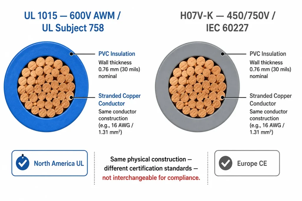 UL 1015 600V AWM vs H07V-K IEC 60227 cross-section compliance comparison diagram