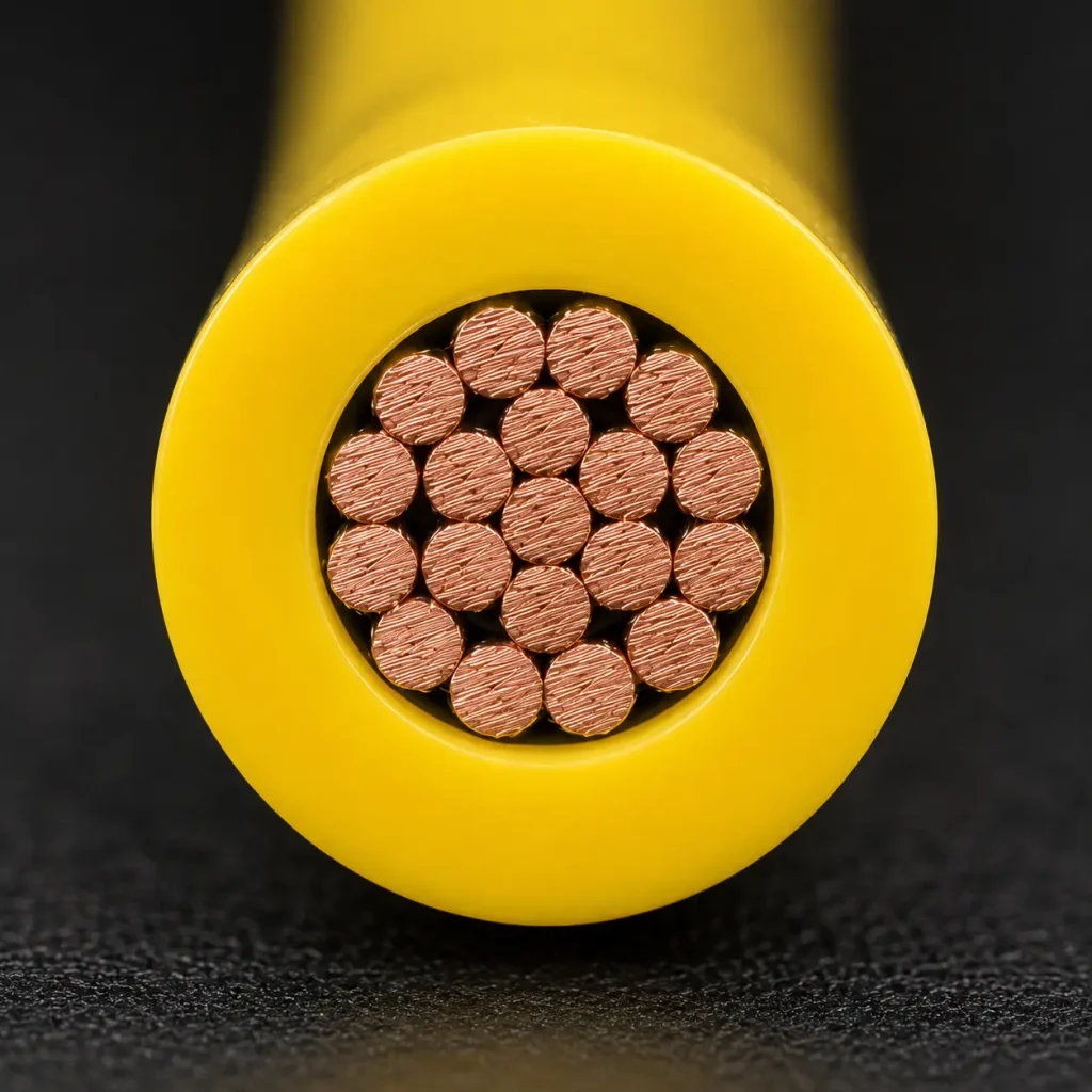 Macro cross-section UL 1015 600V yellow PVC 30 mil insulation stranded copper